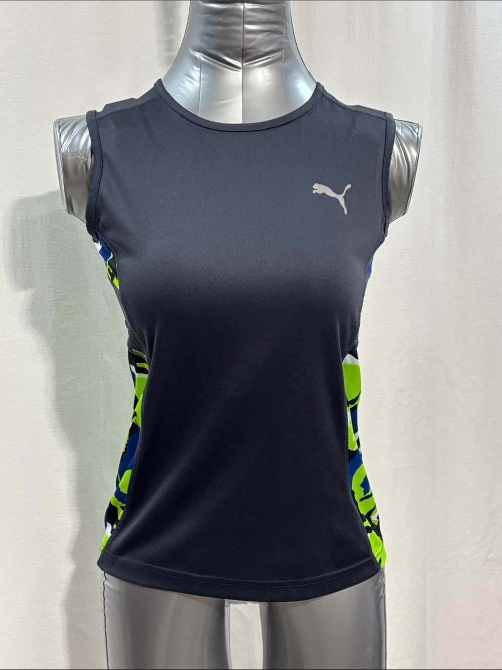 Puma Black Tank Top with Neon Green & Blue Side Panels